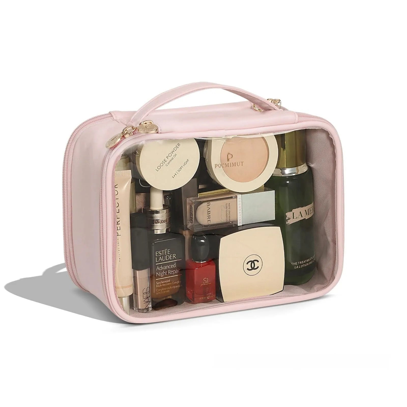 PVC transparent cosmetic bag showing interior with waterproof lining and dry-wet separation compartments