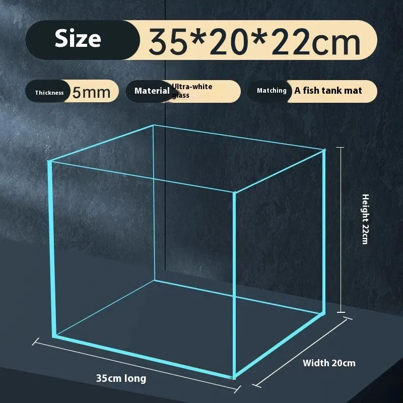 Super white glass fish tank in medium size for desktop use, clear glass construction