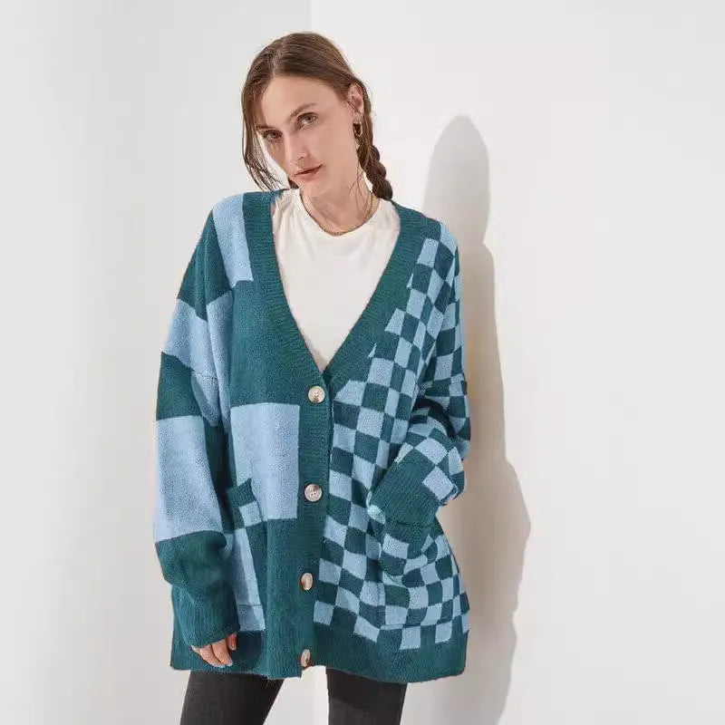 Loose fit printed check cardigan in polyester spandex blend, shown in available colour options