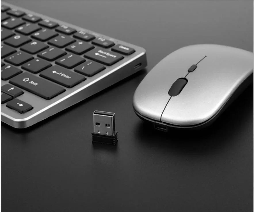 Wireless 2.4G charging silent keyboard mouse set in silver white with Bluetooth 3.0 78-key keyboard