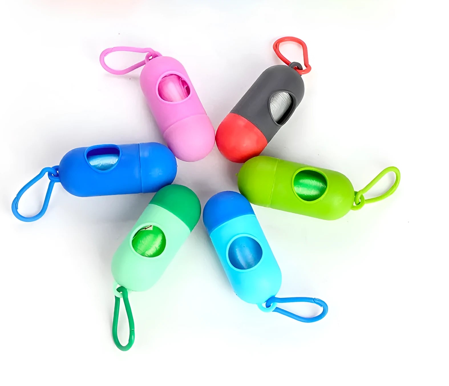 Roll of coloured plastic pet waste bags showing size of 22.5cm by 30cm.