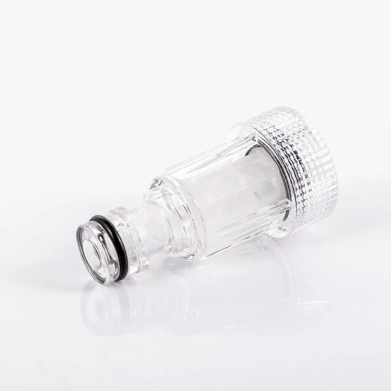 Transparent plastic inlet water joint for Karcher pressure washers, 3cm diameter.
