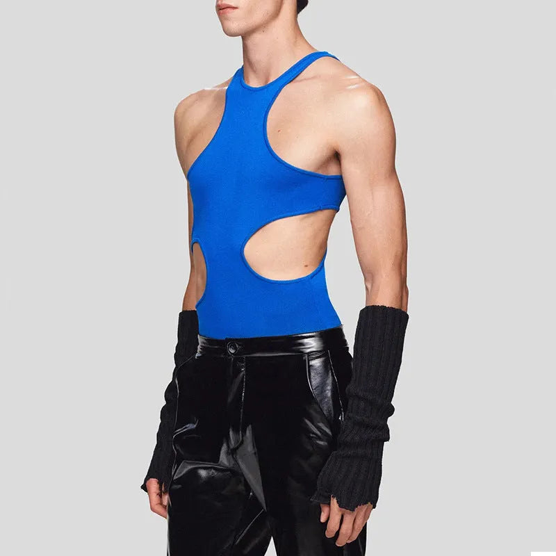 Personalized sling double-shoulder strap hollow knitted vest in black for men