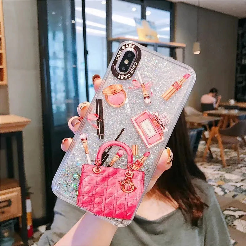 Pink compatible iPhone liquid quicksand cosmetic makeup case with TPU and silicone