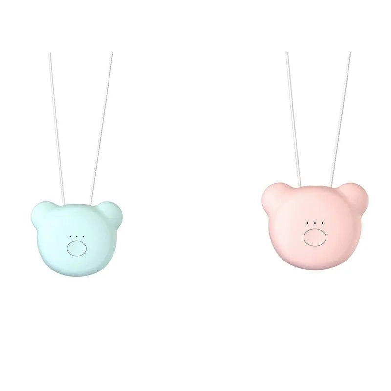 USB rechargeable mini air purifier necklace in blue, showing compact design worn around neck.