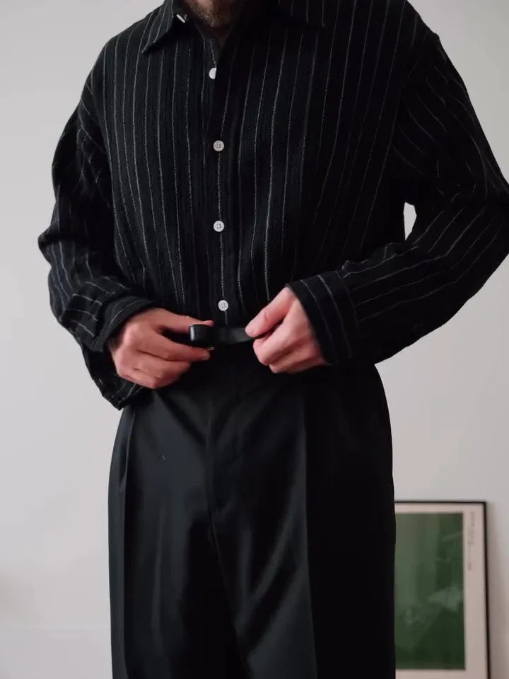 Black pinstripe button-down men's shirt with regular fit and polyester fabric