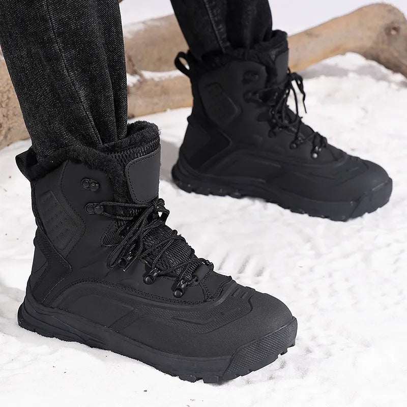 Men's black fleece-lined high-top lace-up boots on a ribbed TPR sole, showing tall crown design.