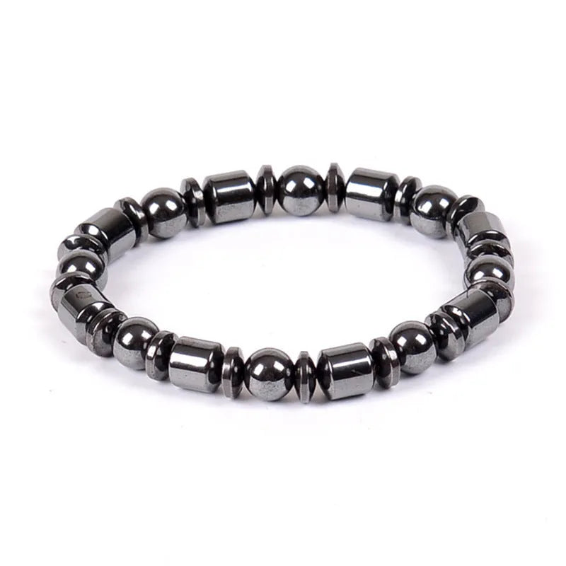 Black stretch bracelet with a pentagram stone, made from magnetite and hematite.