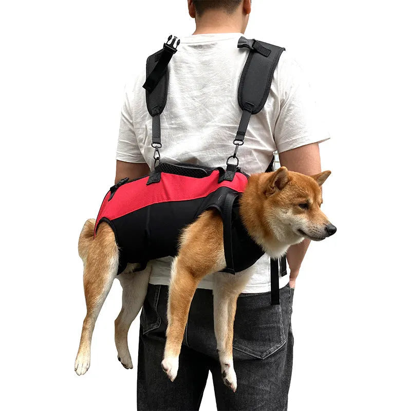 Multifunctional Oxford cloth pet backpack shown in black, designed for use as a backpack or an airborne walking stretcher.