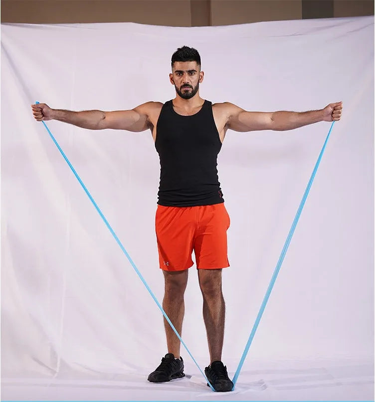 TPE strength training ribbons in multiple colours including blue, green, pink, purple, red, and yellow