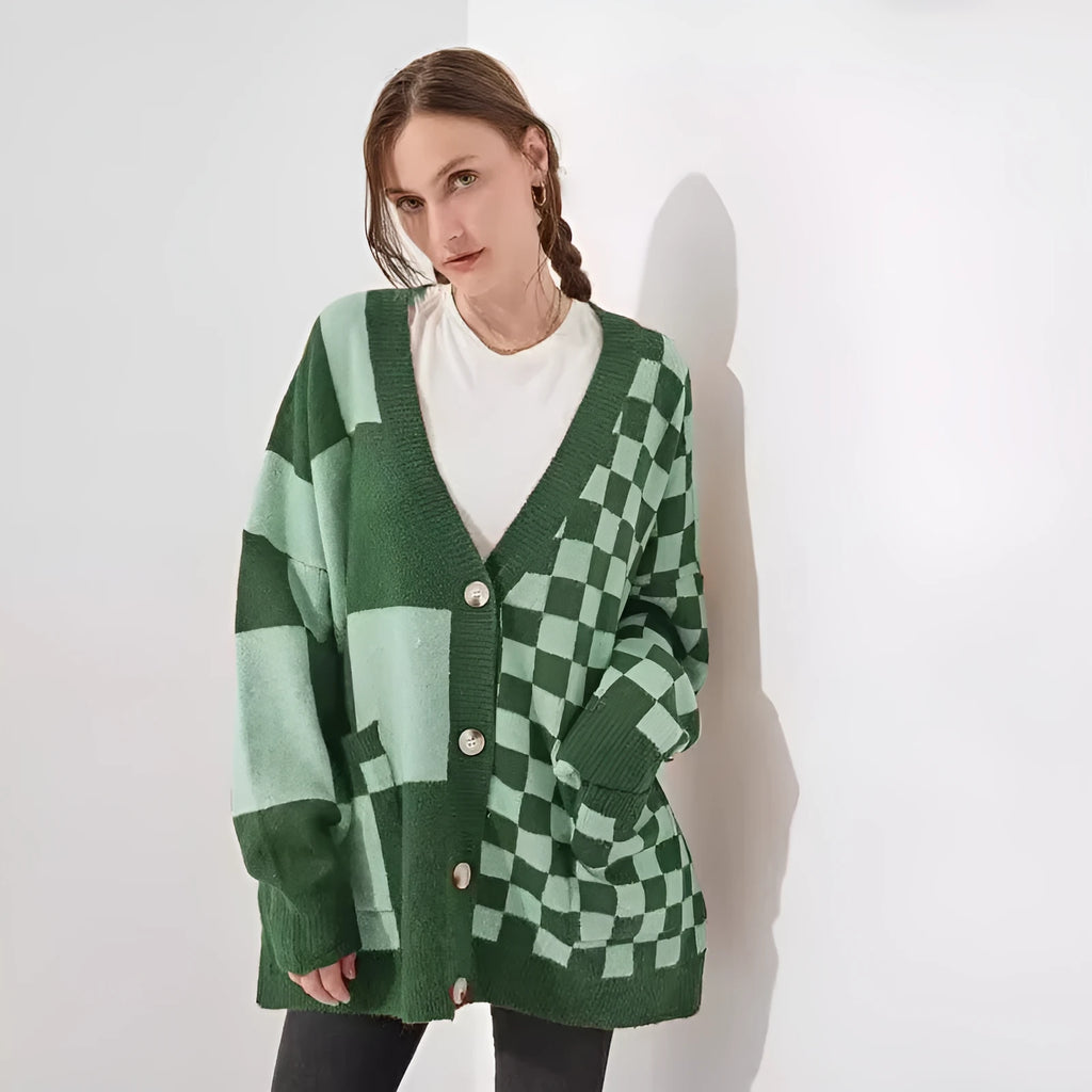 Loose fit printed check cardigan in polyester spandex blend, shown in available colour options