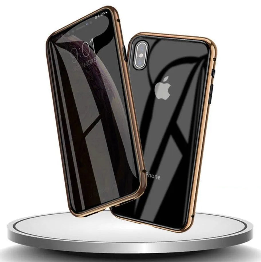 Anti-spy privacy phone case in black with a glass screen guard, shown next to an iPhone.