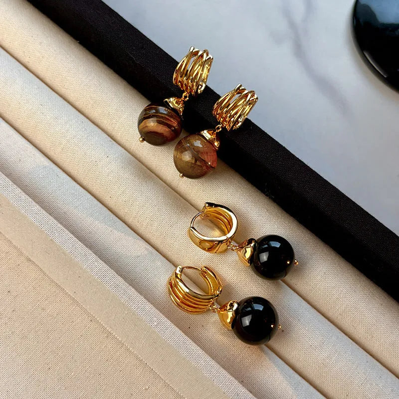 Geometric tigereye earrings for women with gold plating in black and brown colours