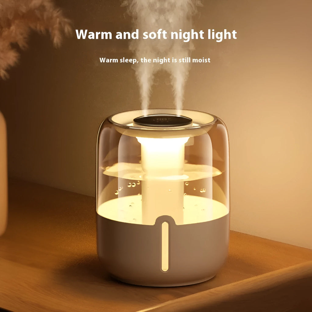 Beige round USB humidifier with dual spray outlets, humidity display, and night light on a table.