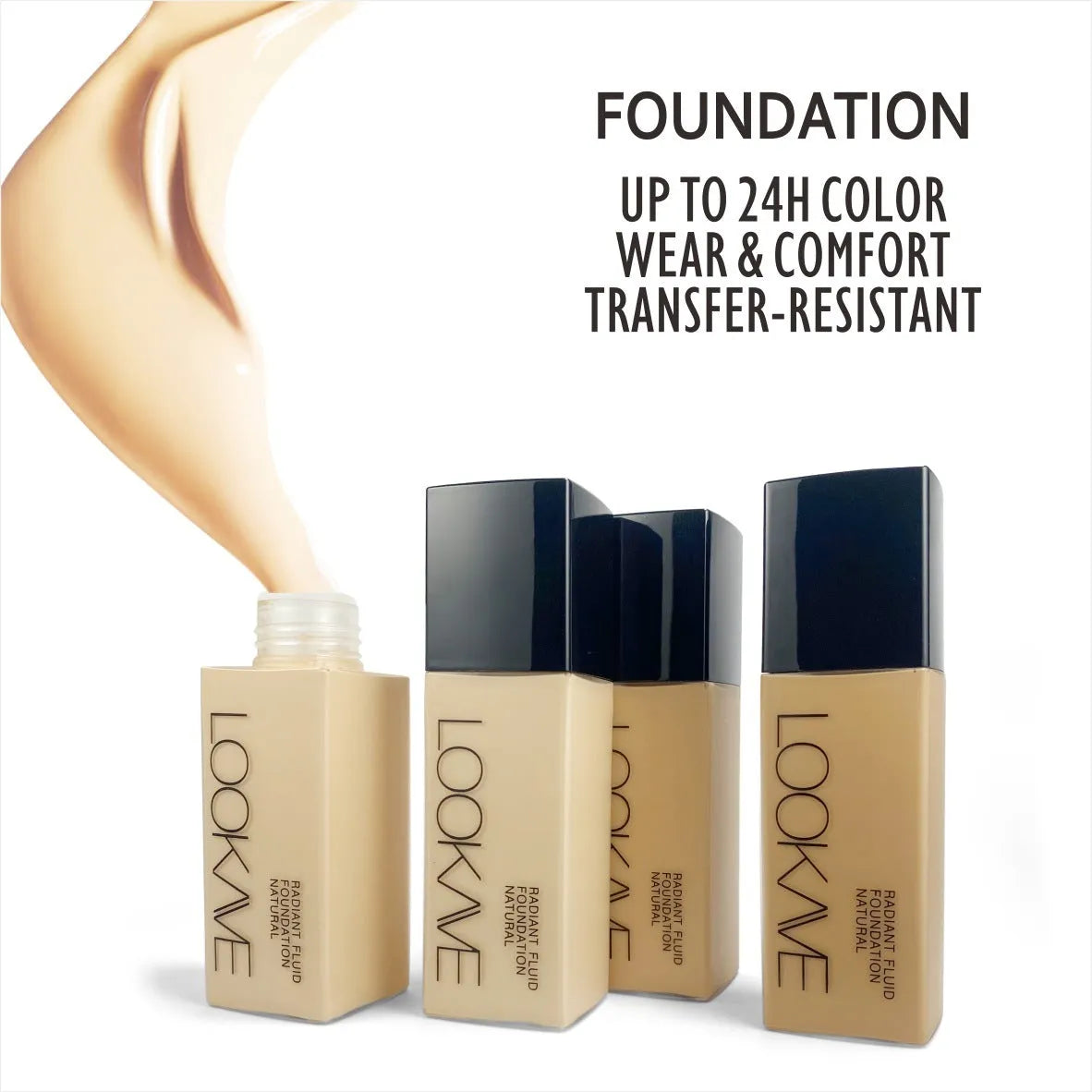 LOOKAVE Matte Liquid Foundation bottle in Ivory White, 21g net content, shown with LK63C shade range.