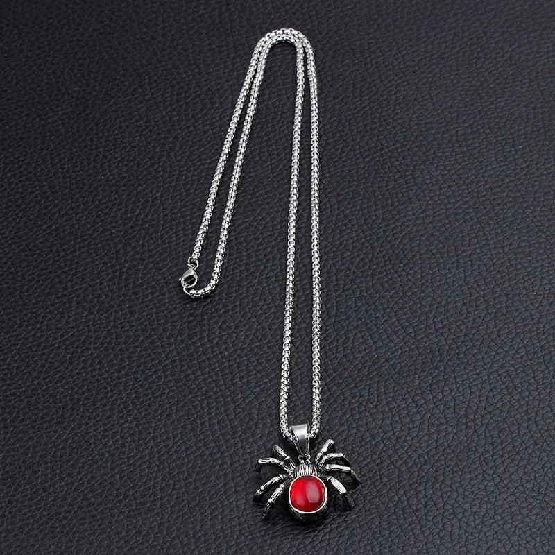 Men's vintage black widow spider pendant necklace with red crystal detail on zinc alloy link chain