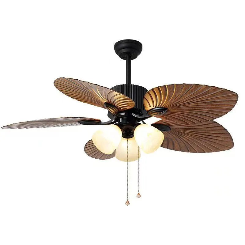 Retro ceiling fan light with wooden blades and three copper lampshades hanging from ceiling