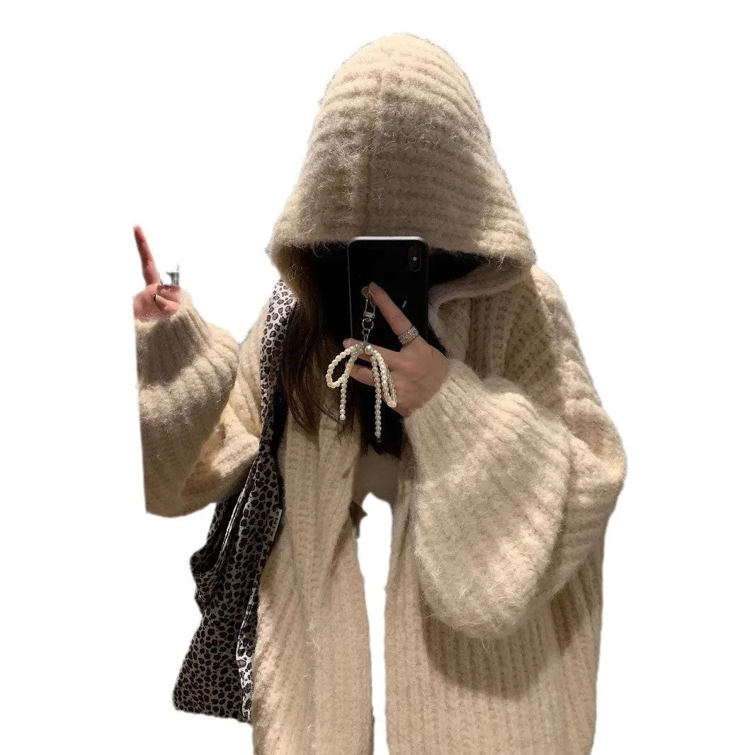 Retro style women's hooded cardigan in dark grey, shown loose-fit as a casual outer layer.