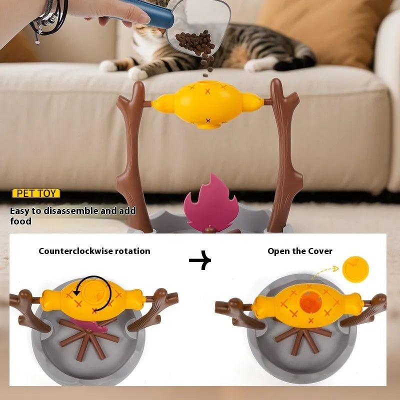 Barbecue-style cat feeder toy with tumbling design for slow feeding, dimensions 30x30x29cm