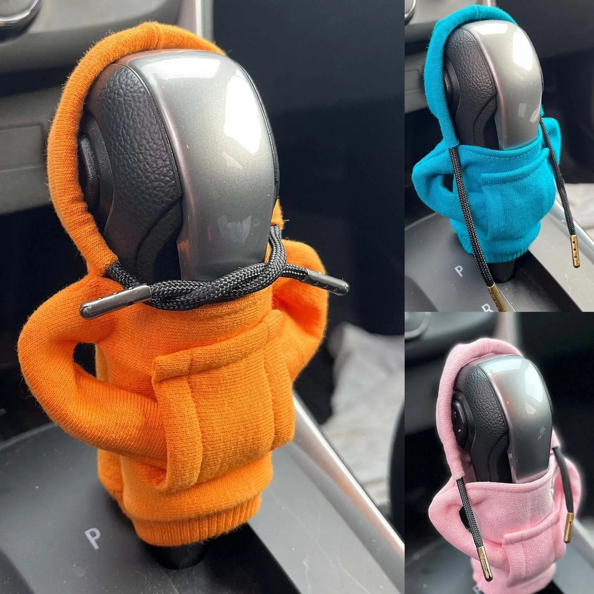 Universal cotton gear knob cover hoodie in blue with adjustable drawstring on a car shift knob