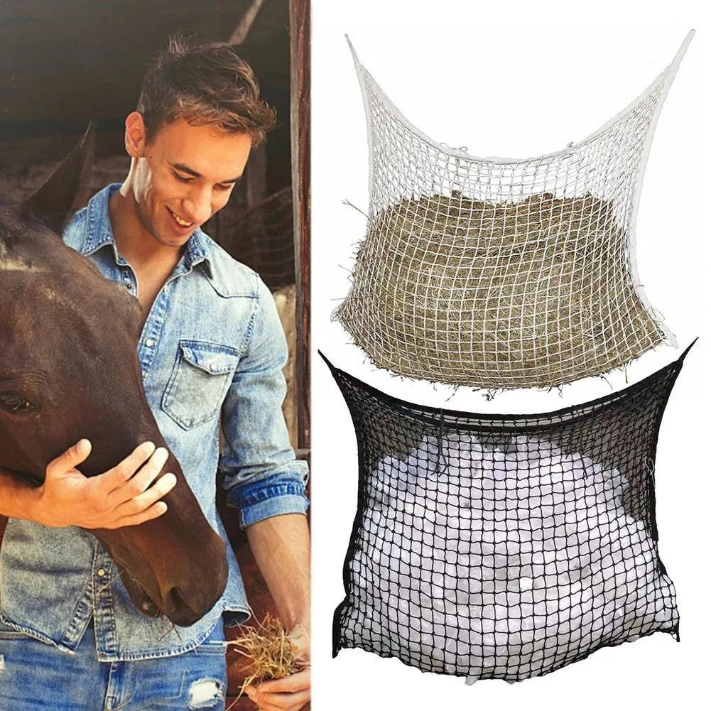 Black woven polyethylene rope hanging hay net for horses, showing the open grid pattern.