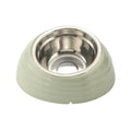 Stainless steel cat bowl in plastic holder available in light green, beige, or brown colours