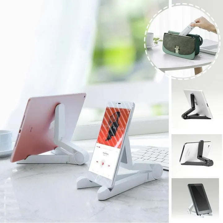 Black foldable tablet holder open on a table, holding a smartphone in landscape mode.