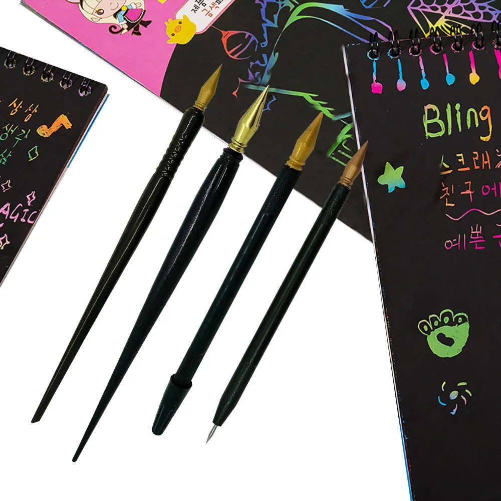 Scratch art brush pen tool with PS plastic handle for children's art projects on scratch paper