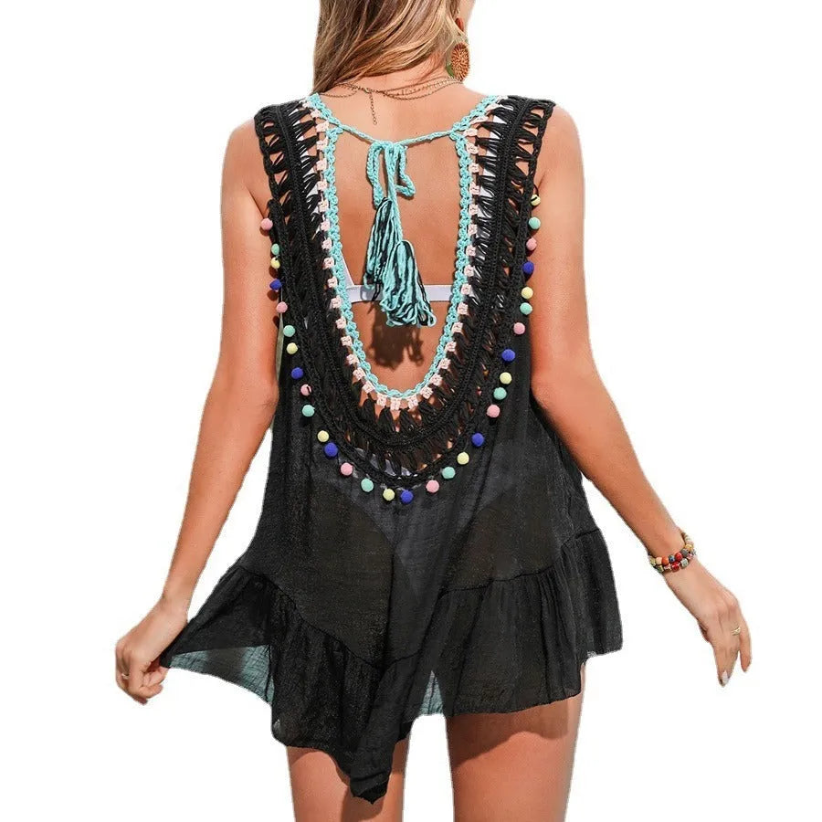 Black hand-crocheted women's beach cover-up with cut-out ruffled design