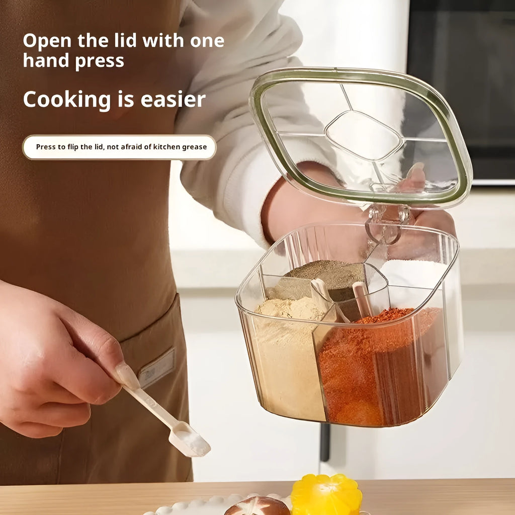 Five-in-one plastic seasoning container box in orange on a kitchen countertop