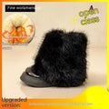 Women's artificial plush snow boots with fleece lining and waterproof platform sole in black or white