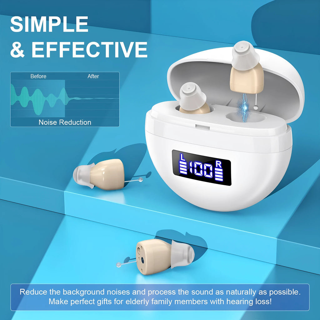White noise reduction hearing aid with digital display, transparent cable, and magnetic charging base