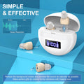 White noise reduction hearing aid with digital display, transparent cable, and magnetic charging base