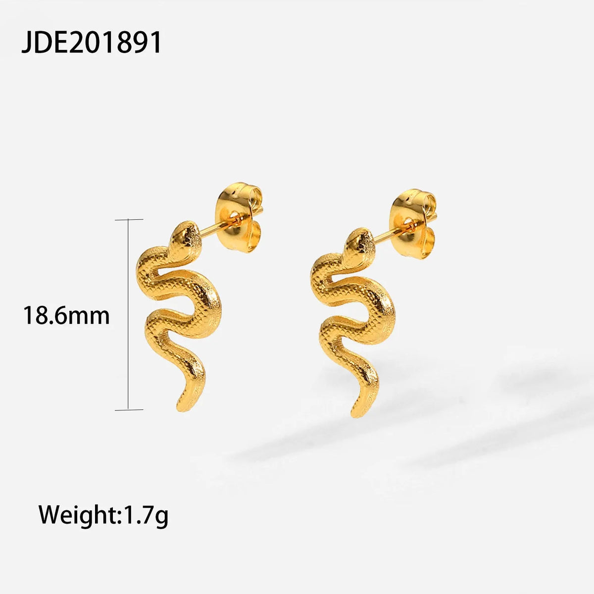 Gold snake stud earrings for women, 18K gold plated stainless steel, INS style, 1 pair