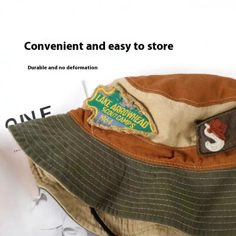 Army Green cotton foldable fisherman hat with retro patchwork and flat crown design