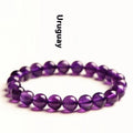 Polished natural Uruguay amethyst bracelet with scattered beads, showing different single circle and multi-ring models.