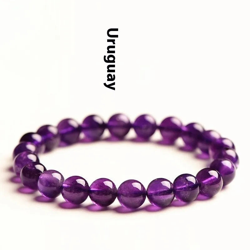 Polished natural Uruguay amethyst bracelet with scattered beads, showing different single circle and multi-ring models.