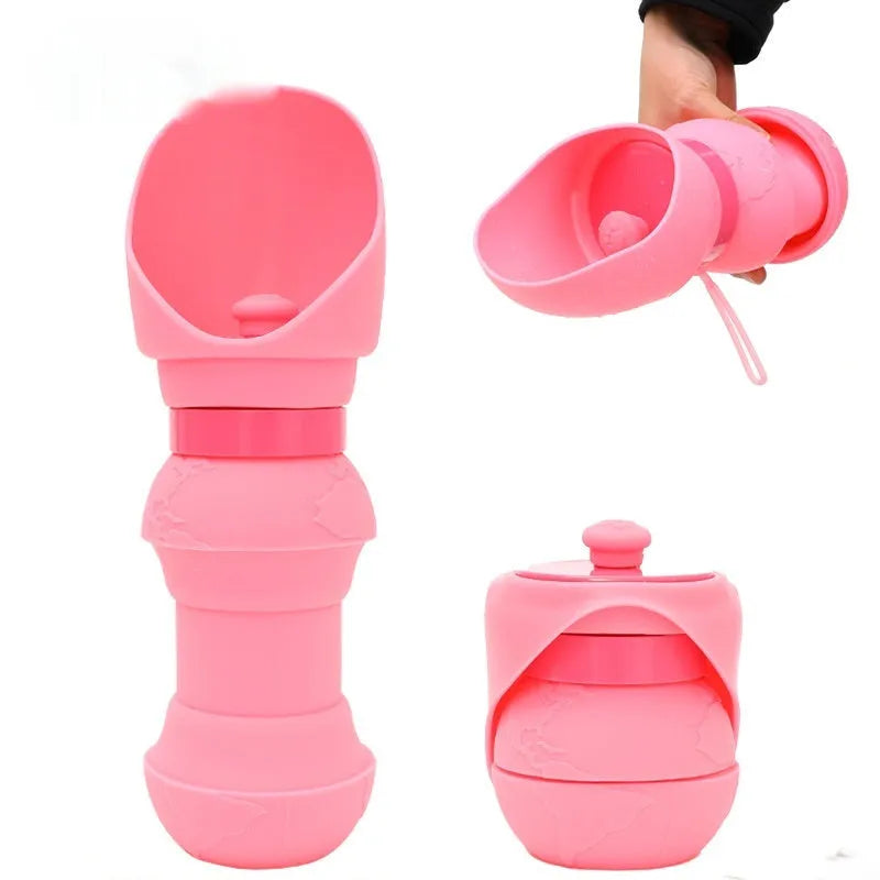 Collapsed and unfolded views of a silicone folding water cup for pets in a choice of colours.