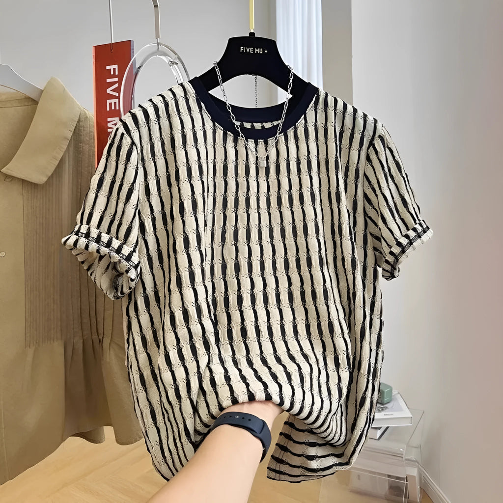Men's black short sleeve shirt with stripes, loose linen silk blend pullover top