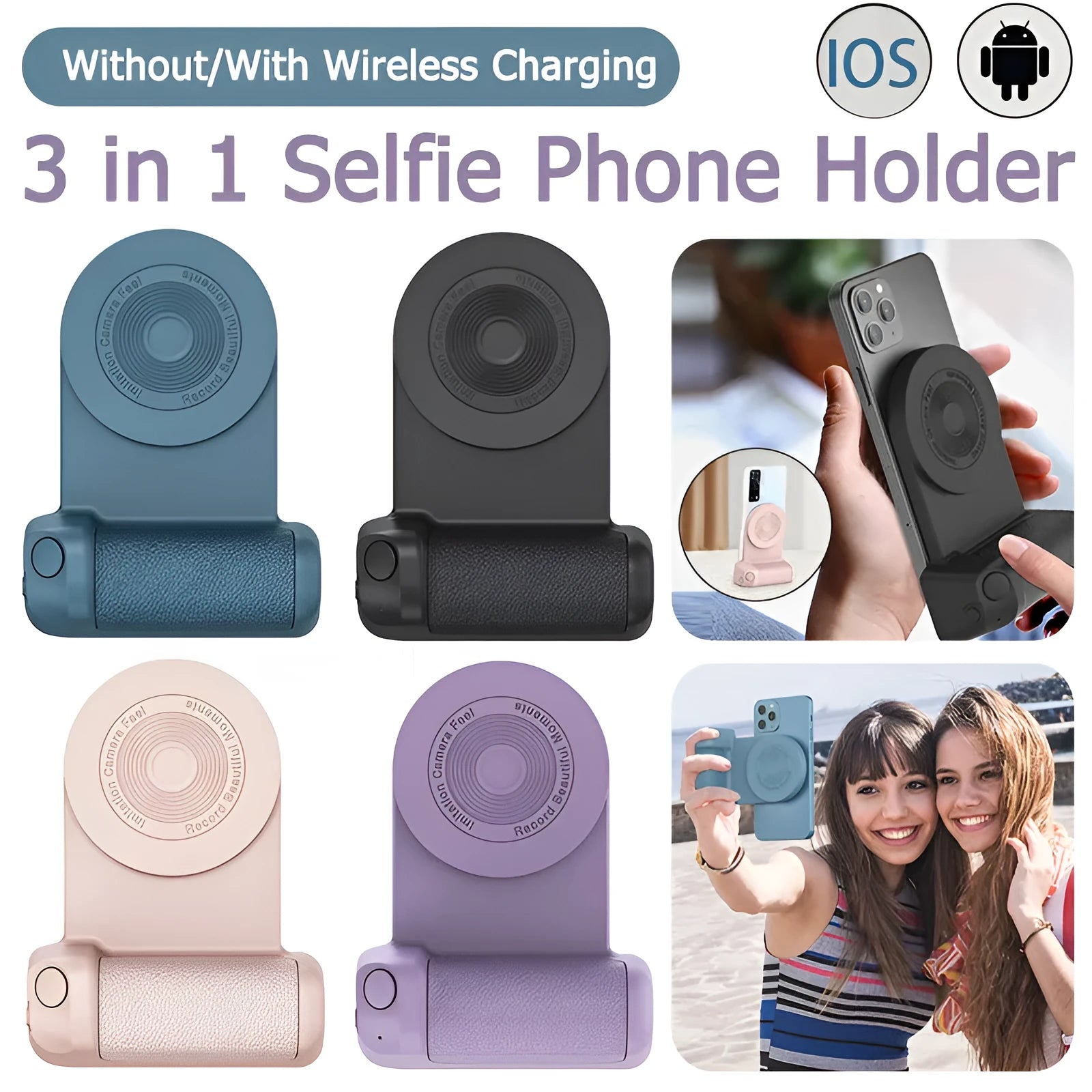 Black magnetic phone camera bracket with ergonomic PU leather handle on table