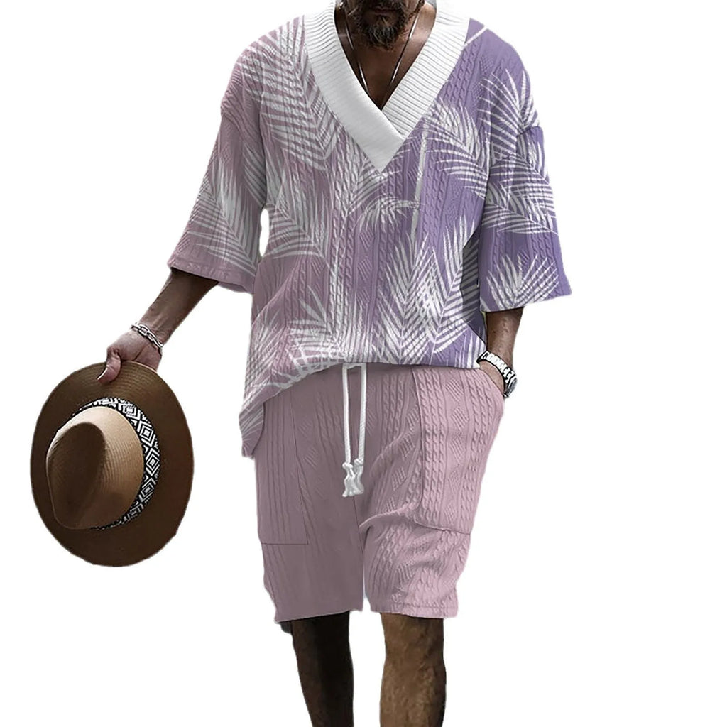 Men's printed knitted short-sleeve shorts suit with drop-shoulder design in chemical fibre blend fabric
