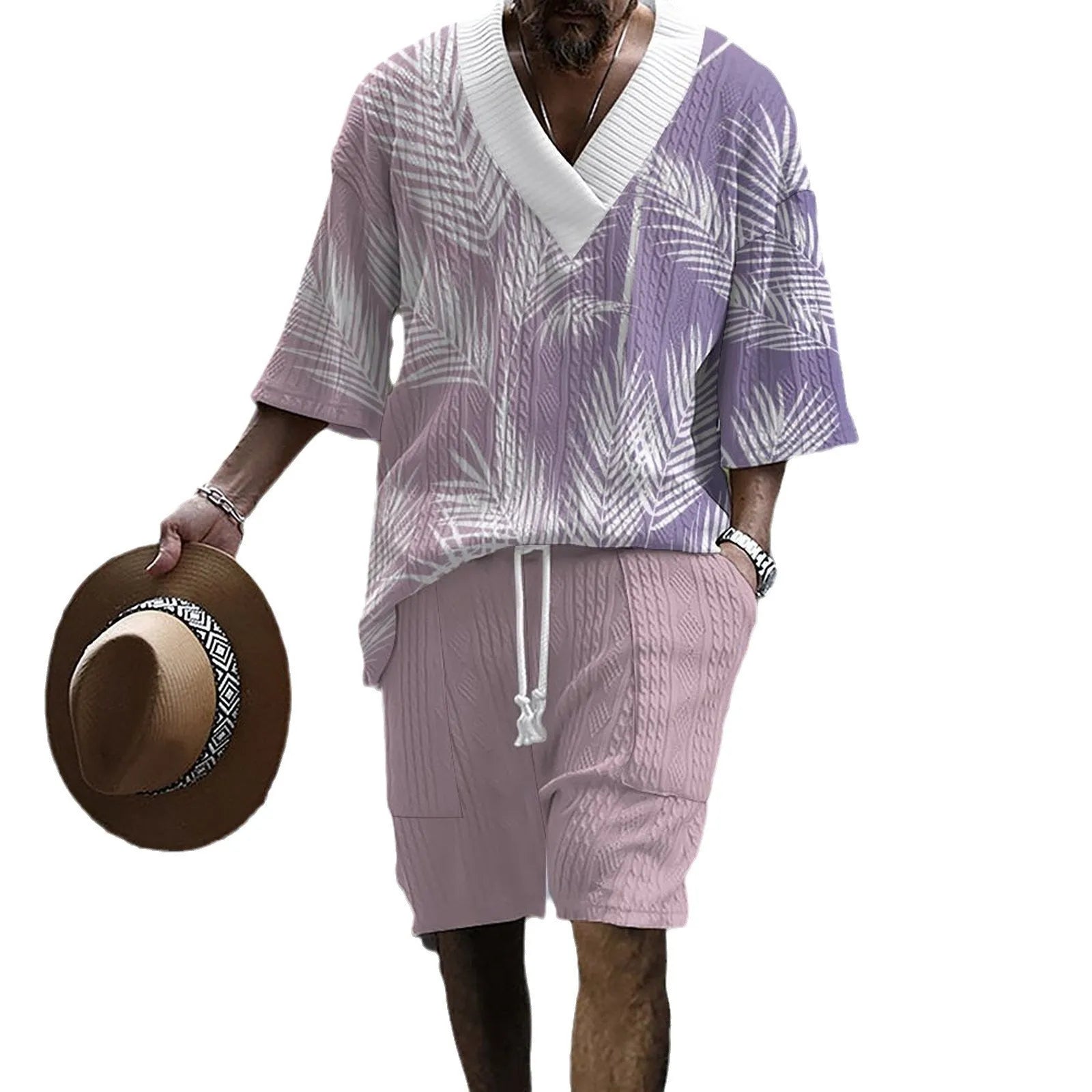 Men's printed knitted short-sleeve shorts suit with drop-shoulder design in chemical fibre blend fabric