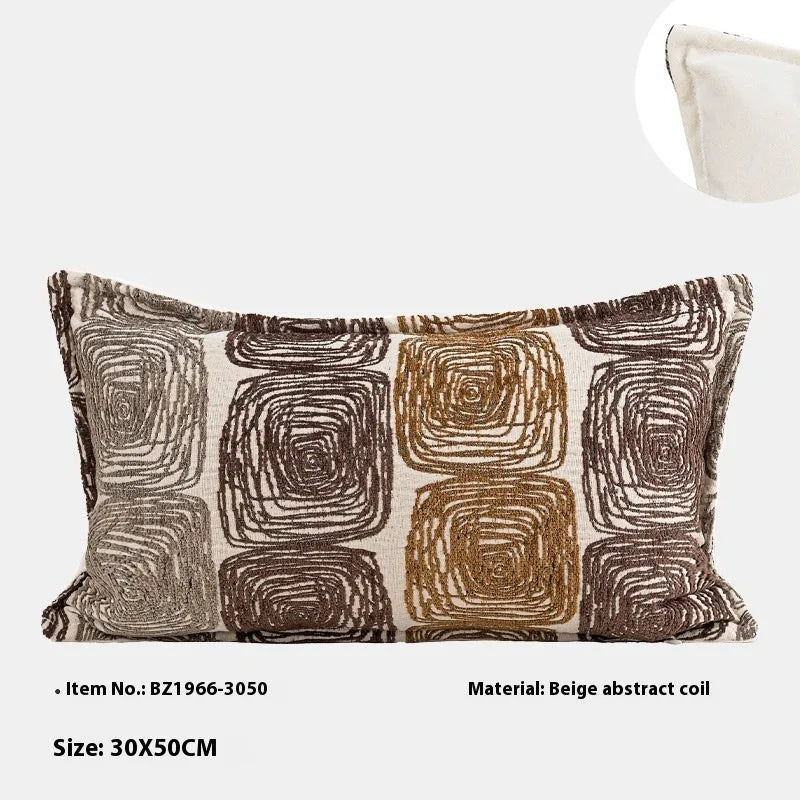 Cream and coffee coloured abstract coil pattern square pillow cover made from polyester feather velvet.