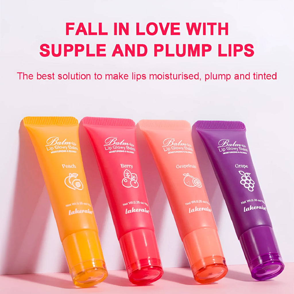 Women's lip gloss in four fruit flavours: yellow peach, berry, grapefruit, and grape