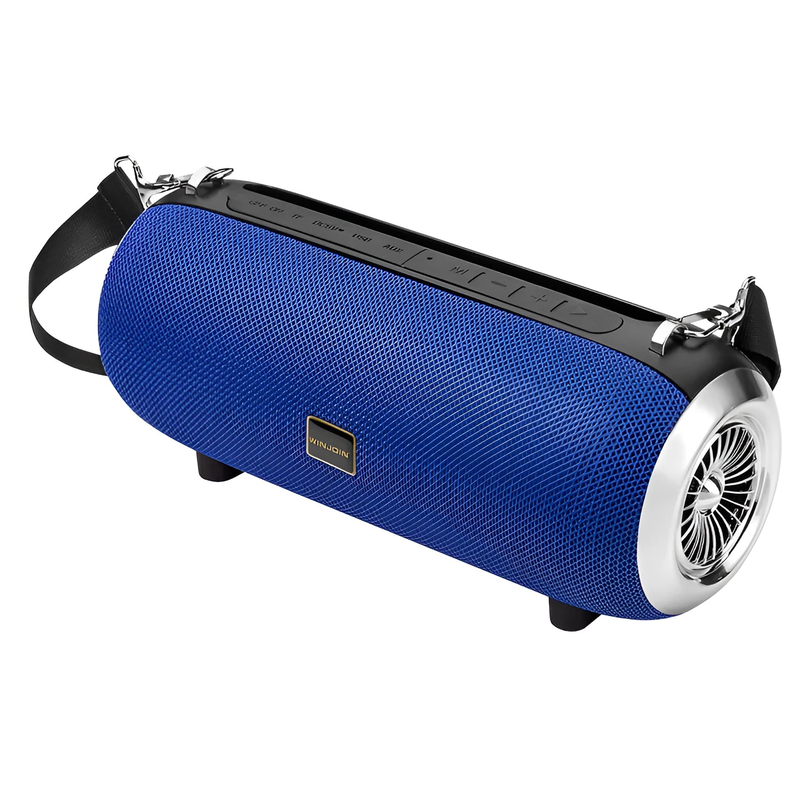 F666 square portable Bluetooth speaker with fabric mesh finish, shoulder strap, and extended FM antenna.