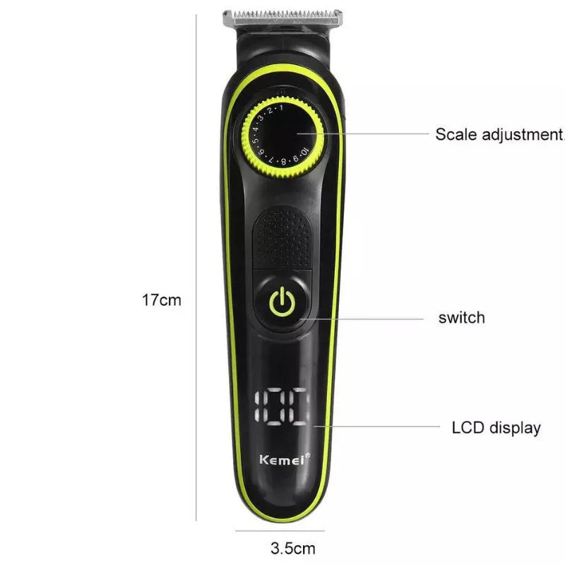 Black KM-696 rechargeable electric hair clipper set with stainless steel blade and cleaning accessories.