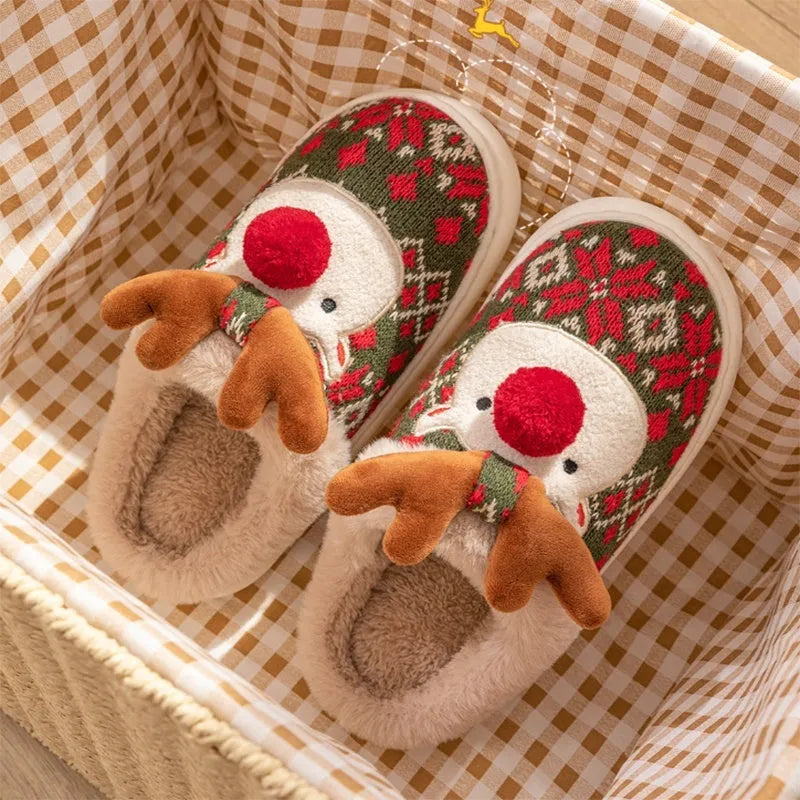 Cute Christmas elk plush slippers in Christmas Red with non-slip PVC sole, women winter house shoes