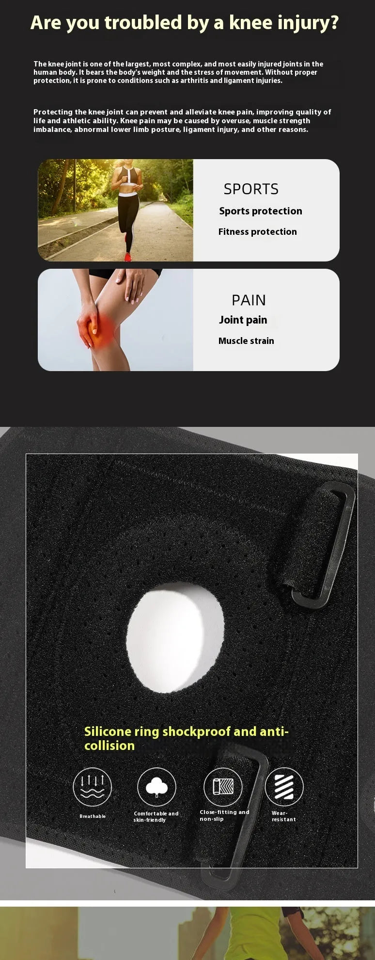Silicone non-slip knee pad for outdoor sports in black, adult average size
