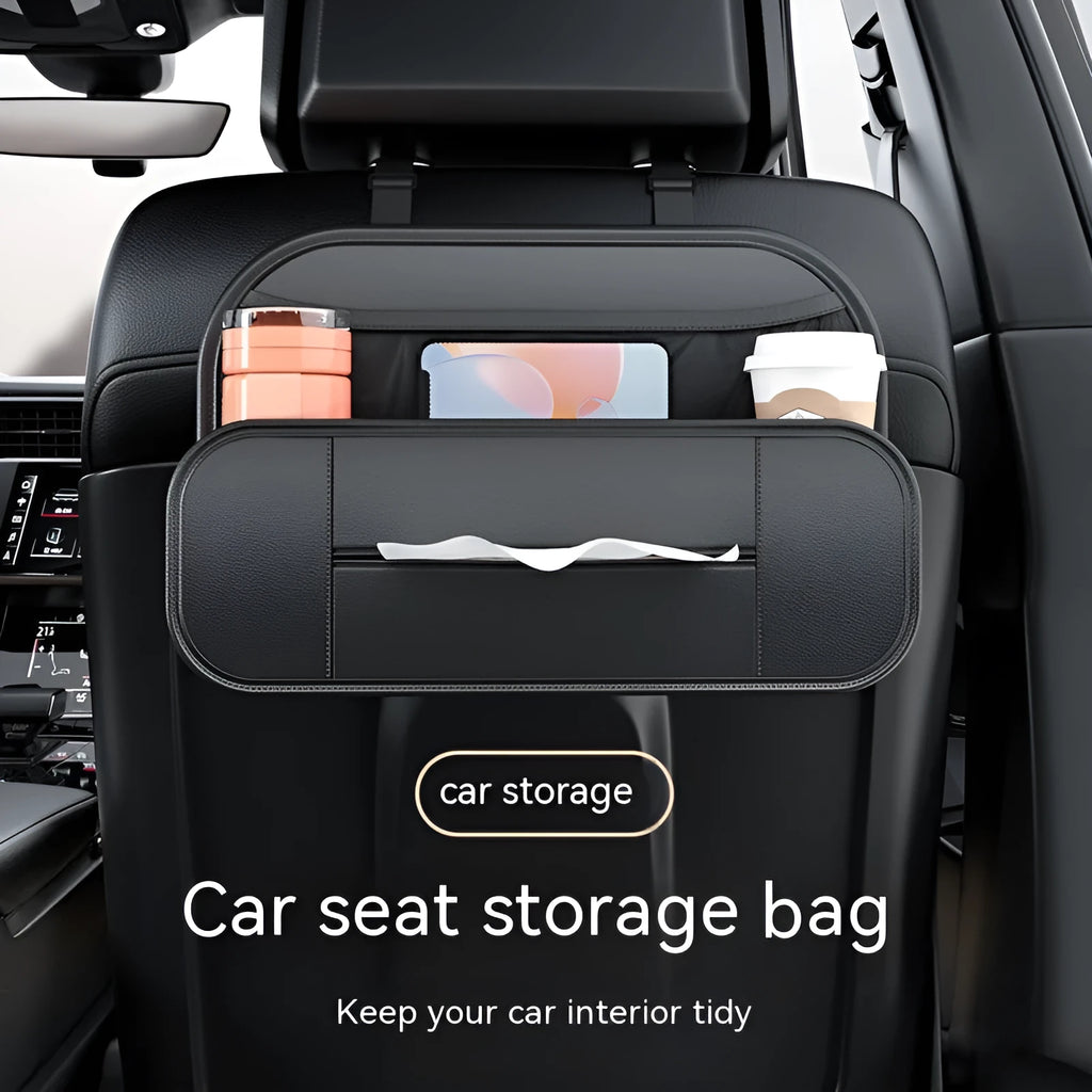 Black leather car seat rear storage bag with adjustable compartments mounted on vehicle seat