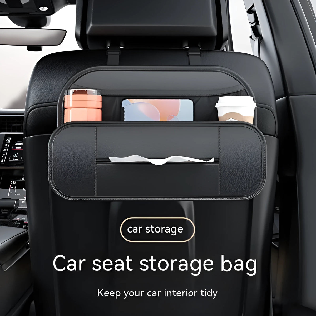 Black leather car seat rear storage bag with adjustable compartments mounted on vehicle seat